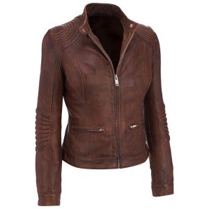 Women’s Slim Fit Distress Brown Cafe Racer Leather Jacket