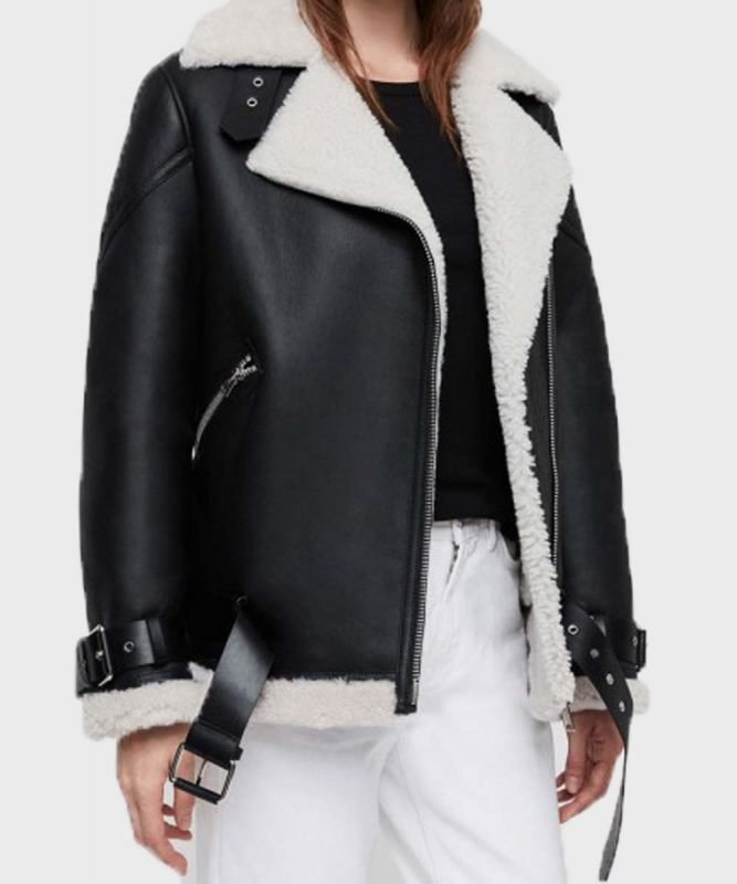 Shearling Coller Women’s Stylish Black Biker Jacket