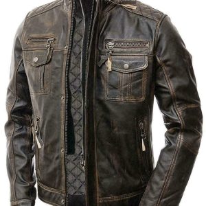 Mens Motorcycle Biker Vintage Distressed Brown Cafe Racer Real Leather Jacket