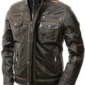 Alternative view of Mens Motorcycle Biker Vintage Distressed Brown Cafe Racer Real Leather Jacket