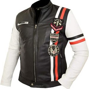 Men's Stripes Patches Retro Vintage Biker Black White Classic Motor Sports Badges Leather Jacket