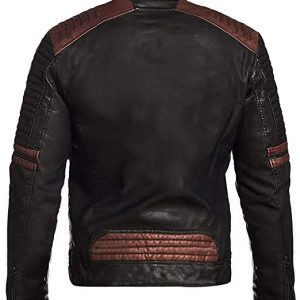 Alternative view of Men's Café Racer Striped Moto Rider Quilted Shoulders Black Leather Jacket
