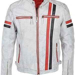 Mens Vintage Cafe Racer Retro White Motorcycle Red Black Stripes Biker Cowhide Leather Jacket