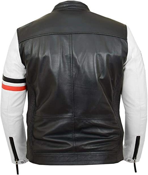 Men's Stripes Patches Retro Vintage Biker Black White Classic Motor Sports Badges Leather Jacket - Image 3