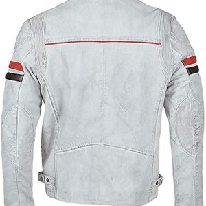 Alternative view of Mens Vintage Cafe Racer Retro White Motorcycle Red Black Stripes Biker Cowhide Leather Jacket