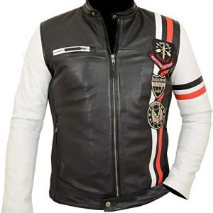 Alternative view of Men's Stripes Patches Retro Vintage Biker Black White Classic Motor Sports Badges Leather Jacket