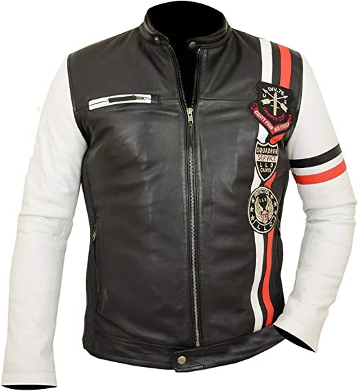 Men's Stripes Patches Retro Vintage Biker Black White Classic Motor Sports Badges Leather Jacket - Image 2