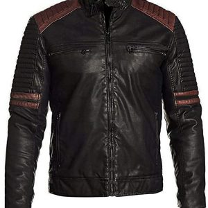 Men's Café Racer Striped Moto Rider Quilted Shoulders Black Leather Jacket
