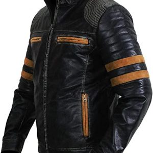 Alternative view of Mens Orange Stripes Cafe Racer Retro Distressed Black Vintage Motorbike Rider Biker Leather Jacket