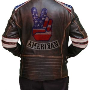 Mens American Flag Brown Leather Jacket