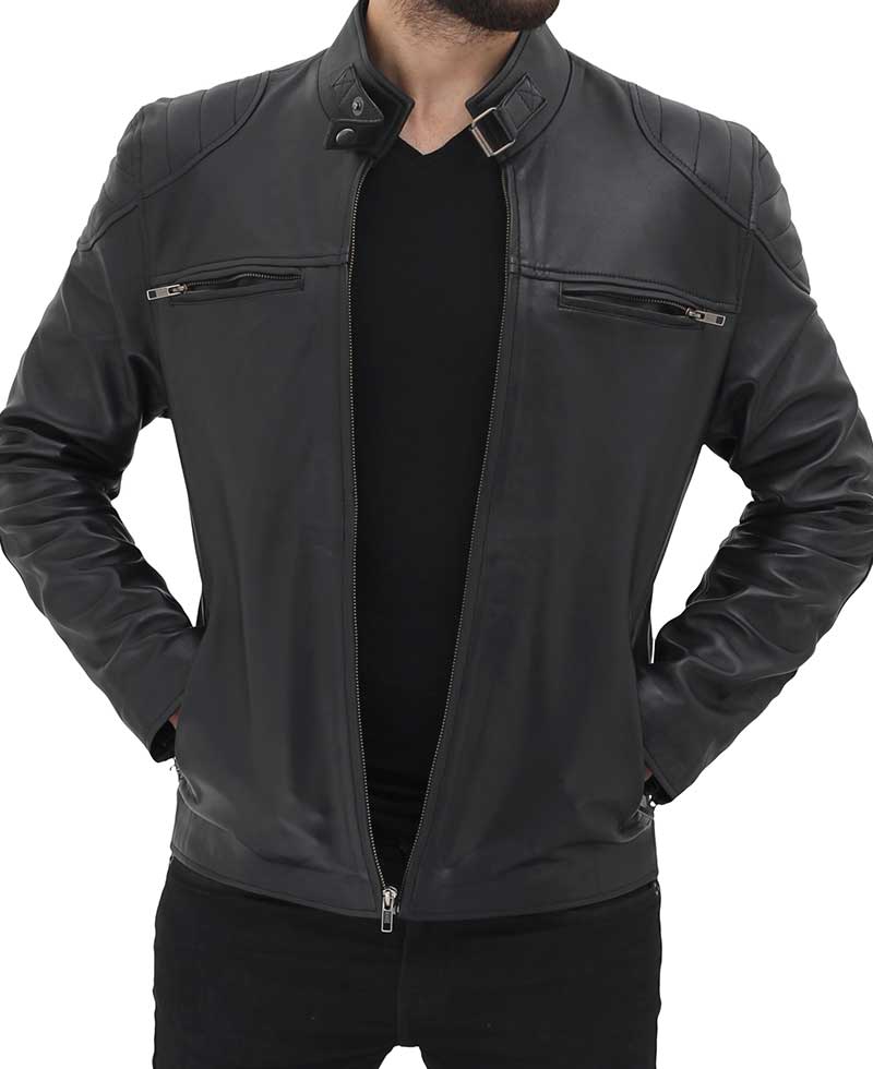 Vermont Black Leather Cafe Racer Motorcycle Jacket