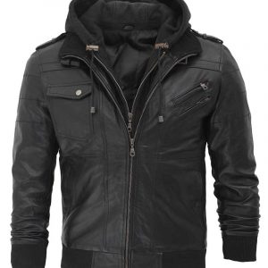 Mens Biker Bomber Black Leather Jacket With Removable Hood
