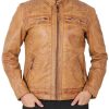 Johnson Quilted Distressed Camel Leather Jacket Mens