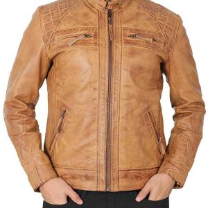 Johnson Quilted Distressed Camel Leather Jacket Mens