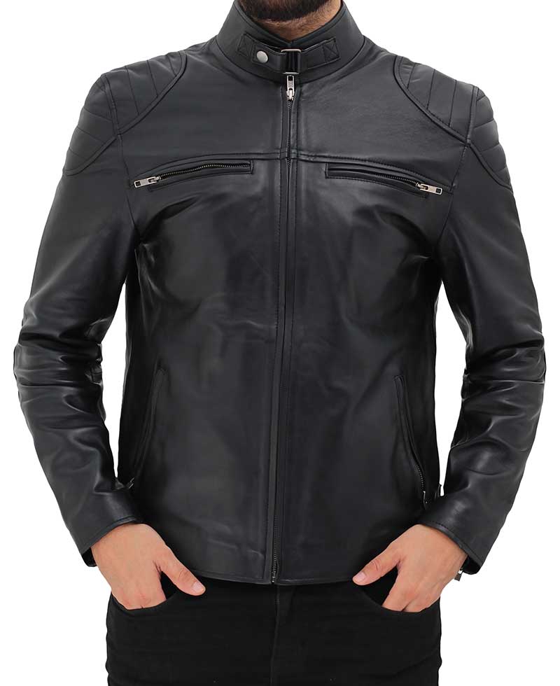 Vermont Black Leather Cafe Racer Motorcycle Jacket - Image 2