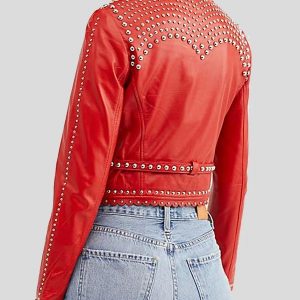 Womens Studded Red Cropped Leather Jacket