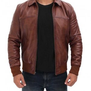 Mens Dark Brown Distressed Bomber Leather Jacket