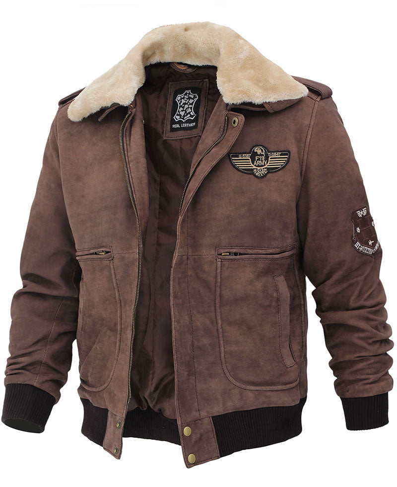 Top Gun Fur Collar Brown Bomber Jacket - Image 3