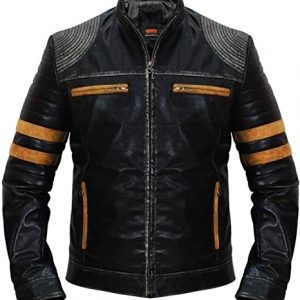 Mens Orange Stripes Cafe Racer Retro Distressed Black Vintage Motorbike Rider Biker Leather Jacket