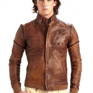 Men Brown Biker Style Cafe Racer Real Leather Jacket Convertible Sleeves Jacket