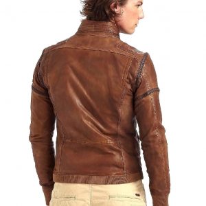 Alternative view of Men Brown Biker Style Cafe Racer Real Leather Jacket Convertible Sleeves Jacket