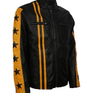 Mens Cafe Racer Yellow Star Leather Jacket