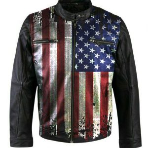 Men and Women Vintage USA Flag Biker Black Leather Jacket