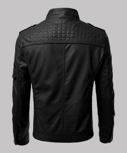 Men’s Black Biker Slim Fit Leather Jacket - Image 2