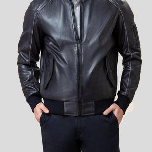Mens Black Leather Bomber Jacket