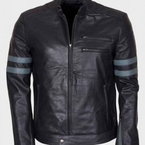 Mens Blue Stripe Black Cafe Racer Jacket