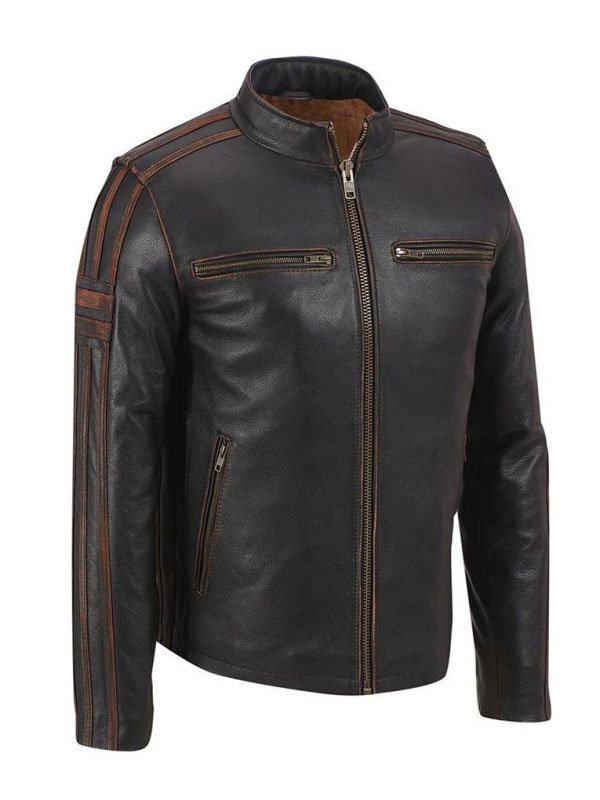Men's Brown Stripe Café Racer Leather Jacket