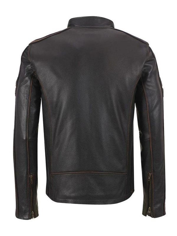Men's Brown Stripe Café Racer Leather Jacket - Image 2