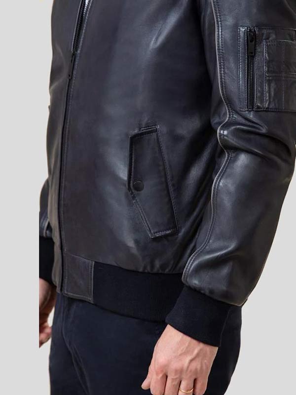 Mens Black Leather Bomber Jacket - Image 3