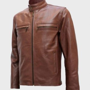 Snap Tab Collar Classic Mens Brown Leather Jacket