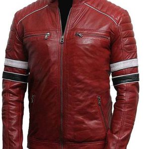 Mens Striped Café Racer Biker Leather Jacket