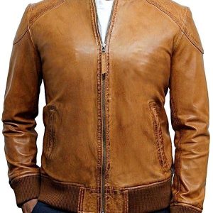 Mens Waxed Sheepskin Leather Bomber Jacket Tan / Brown