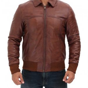Alternative view of Mens Dark Brown Distressed Bomber Leather Jacket