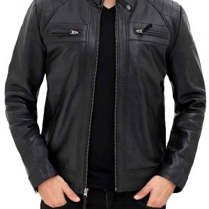 Black Mens Quilted Leather Cafe Racer Jacket