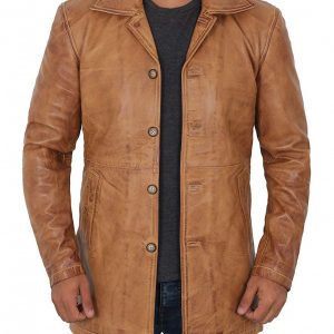 Mens Distressed Camel 34 Length Leather Coat