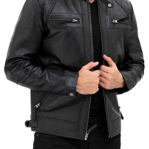 Alternative view of Black Mens Quilted Leather Cafe Racer Jacket
