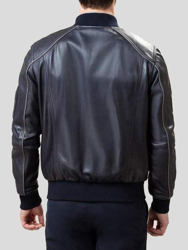 Mens Black Leather Bomber Jacket - Image 2