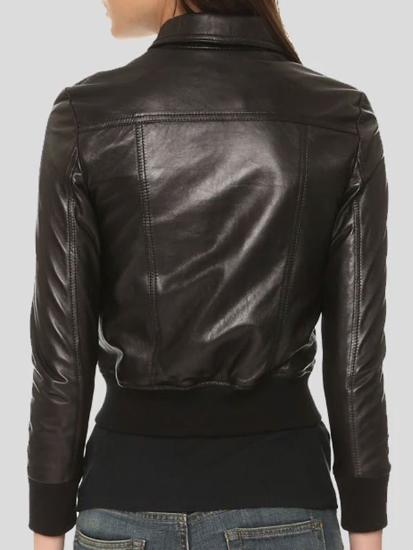 Womens Black Leather Bomber Jacket - Image 2