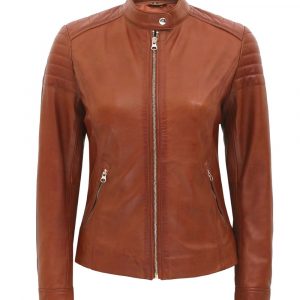 Carrie Womens Slim Fit Brown Padded Cafe Racer Leather Jacket