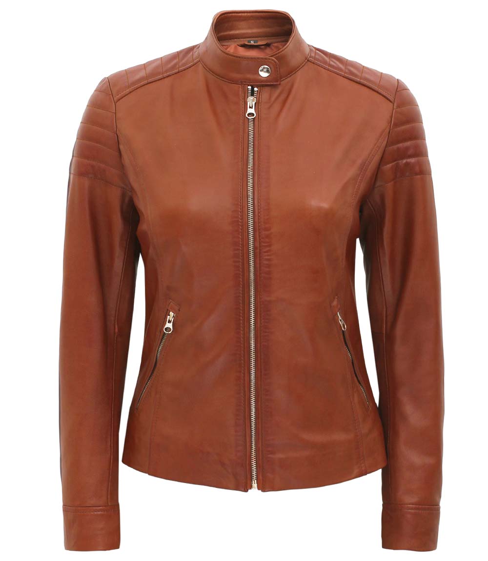 Carrie Womens Slim Fit Brown Padded Cafe Racer Leather Jacket
