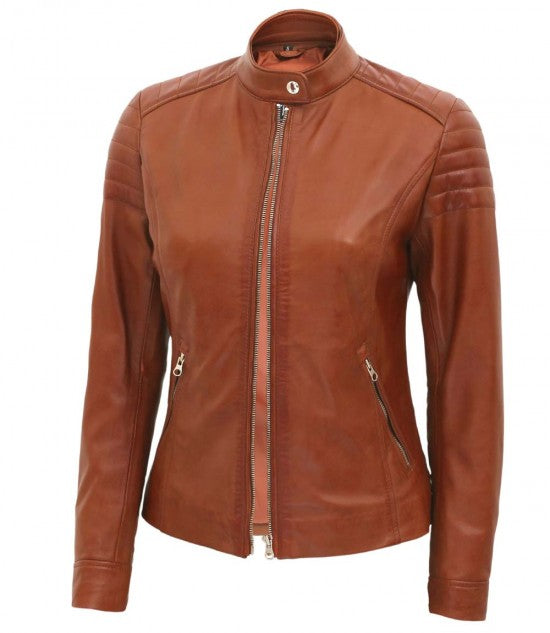 Carrie Womens Slim Fit Brown Padded Cafe Racer Leather Jacket - Image 3