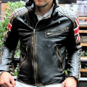 Men's Biker Vintage Quilted Distressed Brown Racer UK Flag Leather Jacket