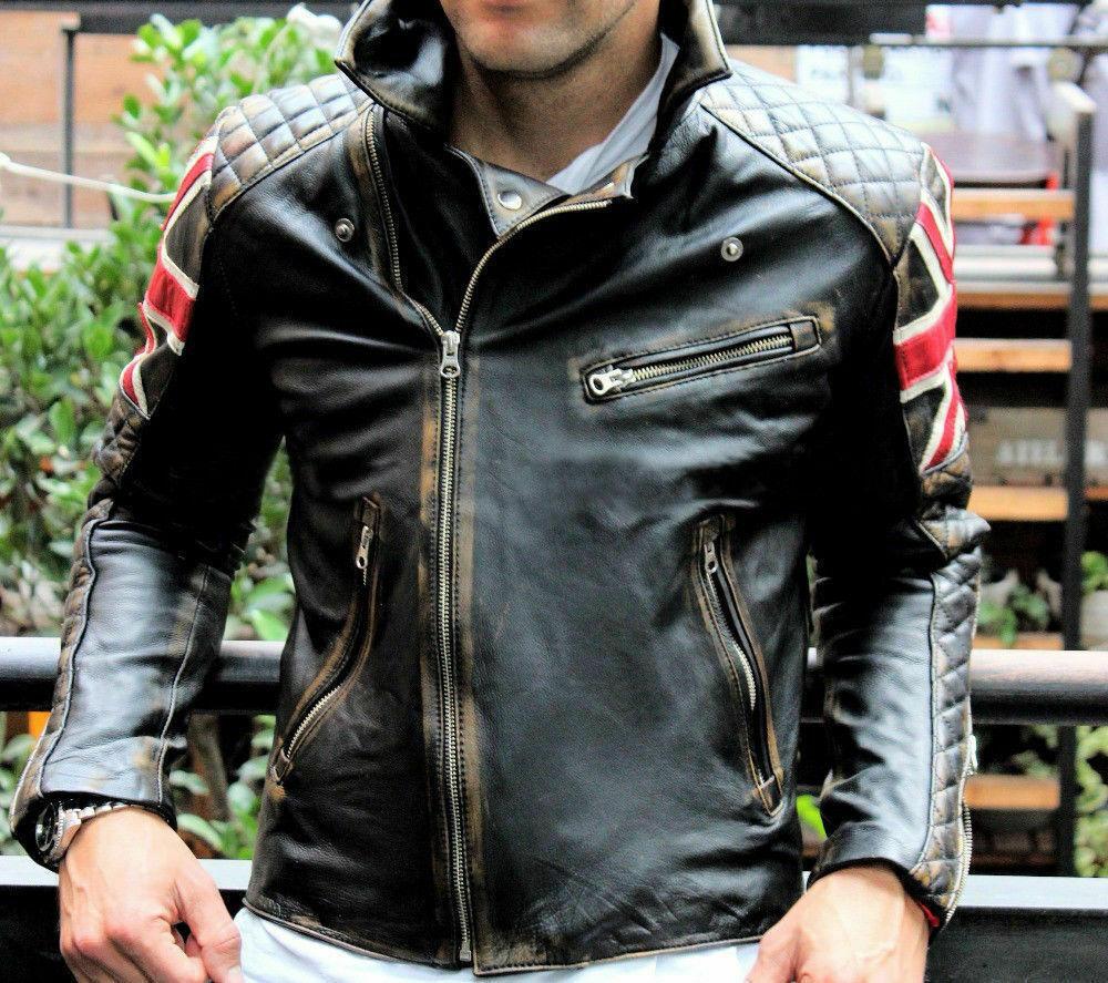 Men's Biker Vintage Quilted Distressed Brown Racer UK Flag Leather Jacket