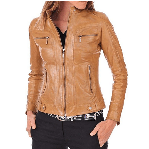 TAN BROWN WOMEN BIKER LEATHER JACKET