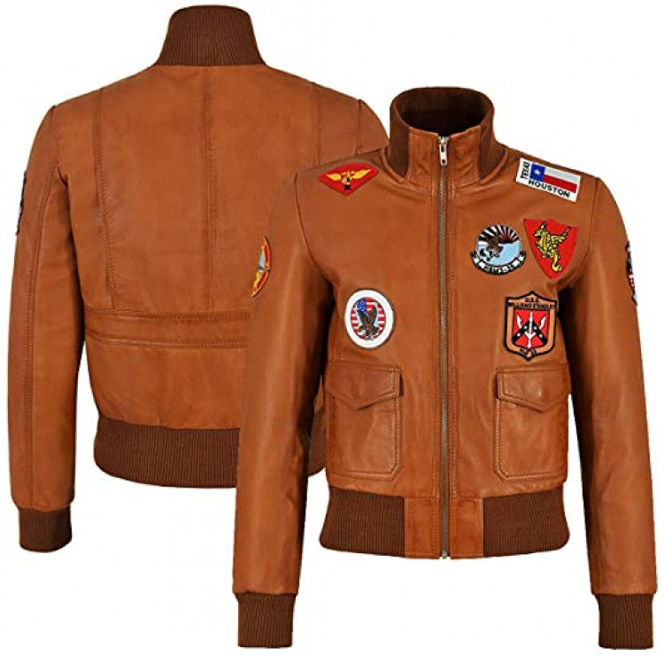 Top Gun Tan Brown Leather Bomber Jacket - Image 3