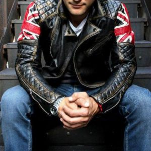 Alternative view of Men's Biker Vintage Quilted Distressed Brown Racer UK Flag Leather Jacket